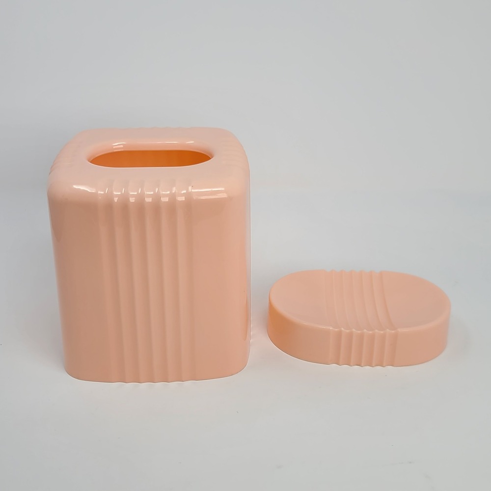 Vintage Tissue Box Cover Soap Dish Set Peach Pink Ribbed Art Deco Retro Good